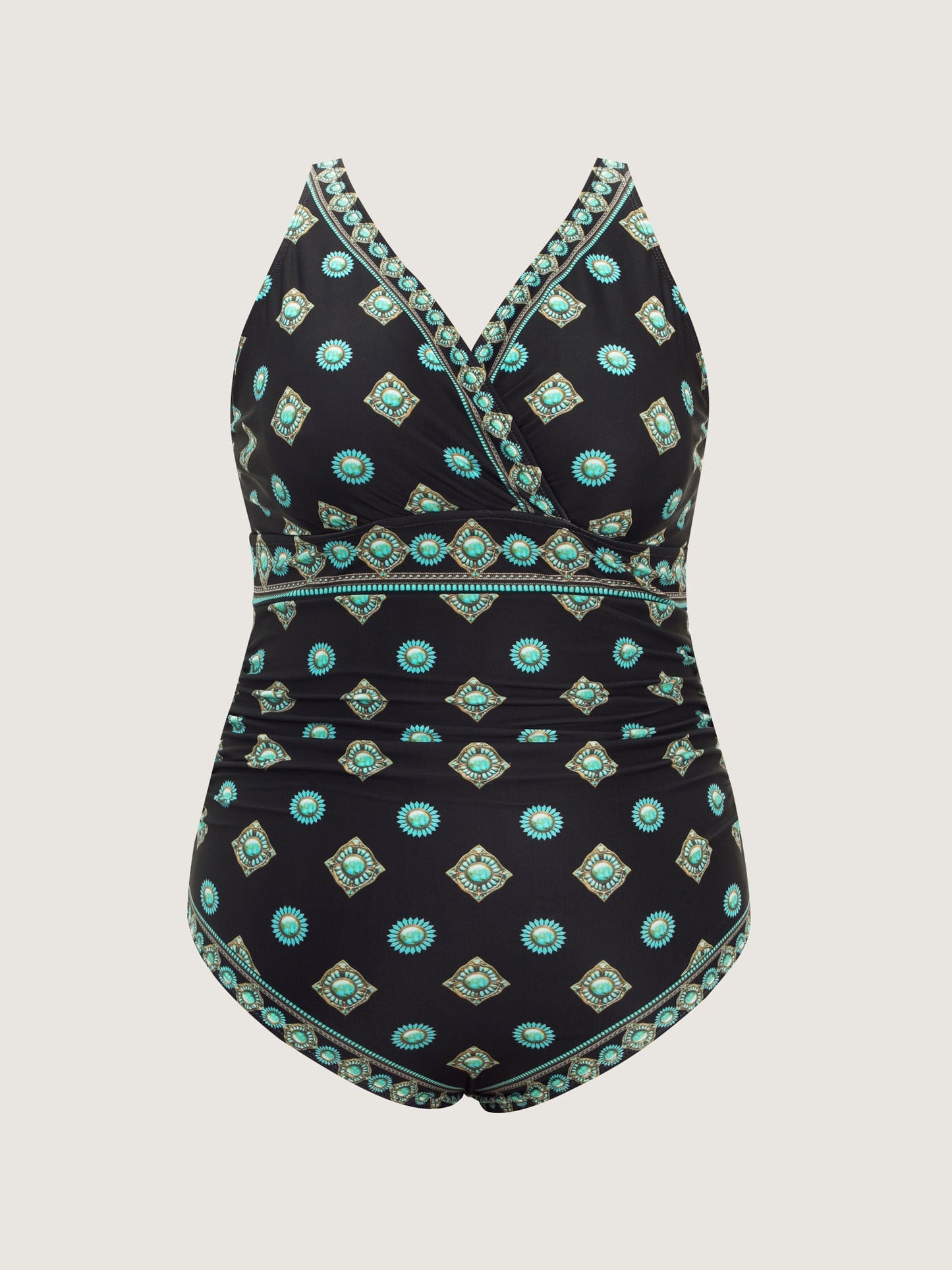 Geometric Print Pleated Tummy-Control One-Piece Swimsuit