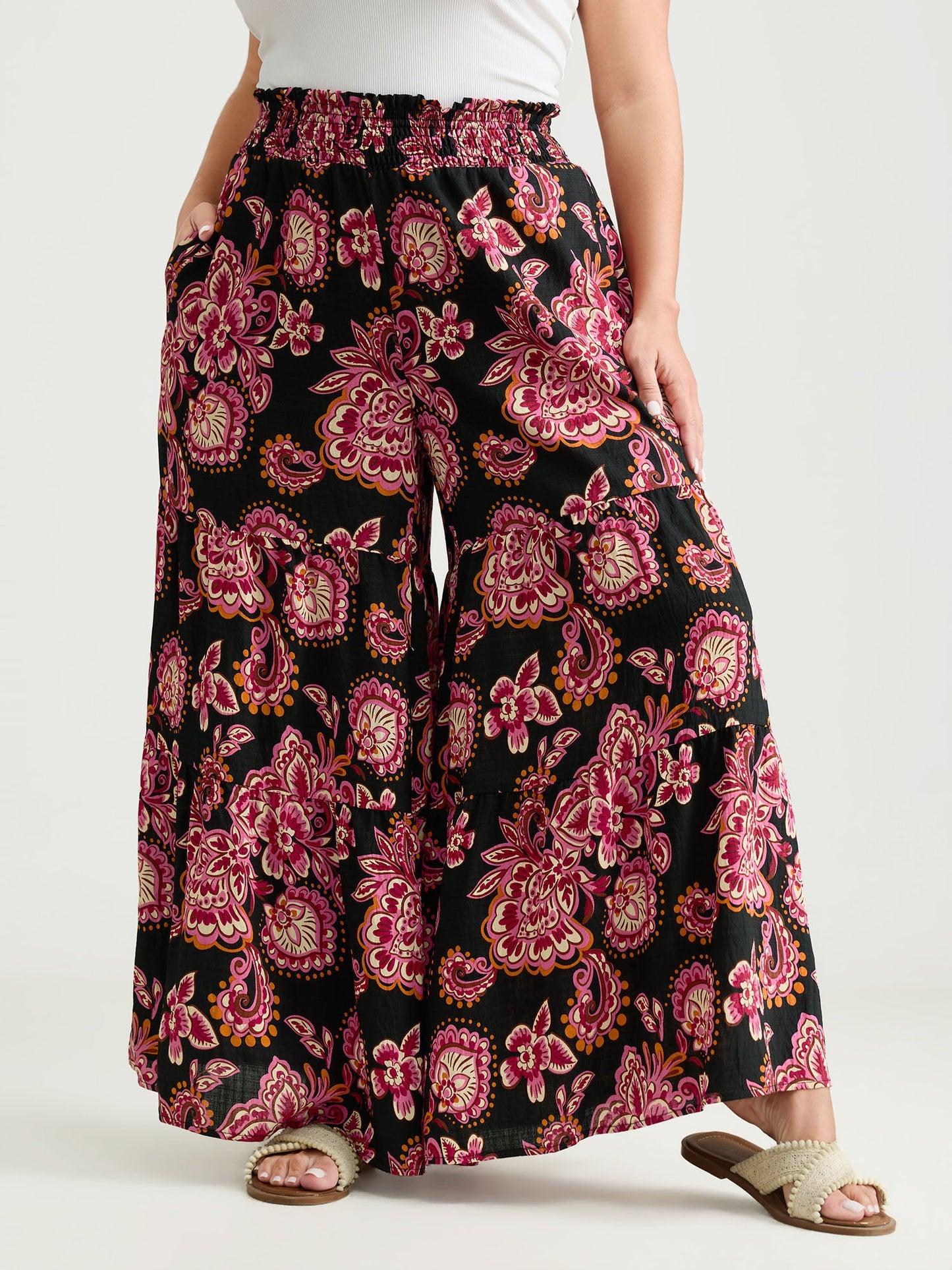 Large Floral Print Wide Shirred Waistband Pants