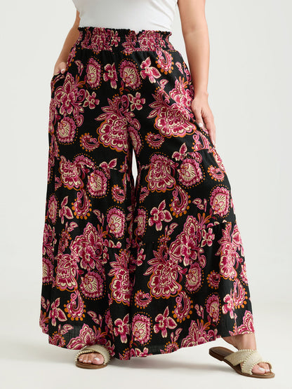 Large Floral Print Wide Shirred Waistband Pants