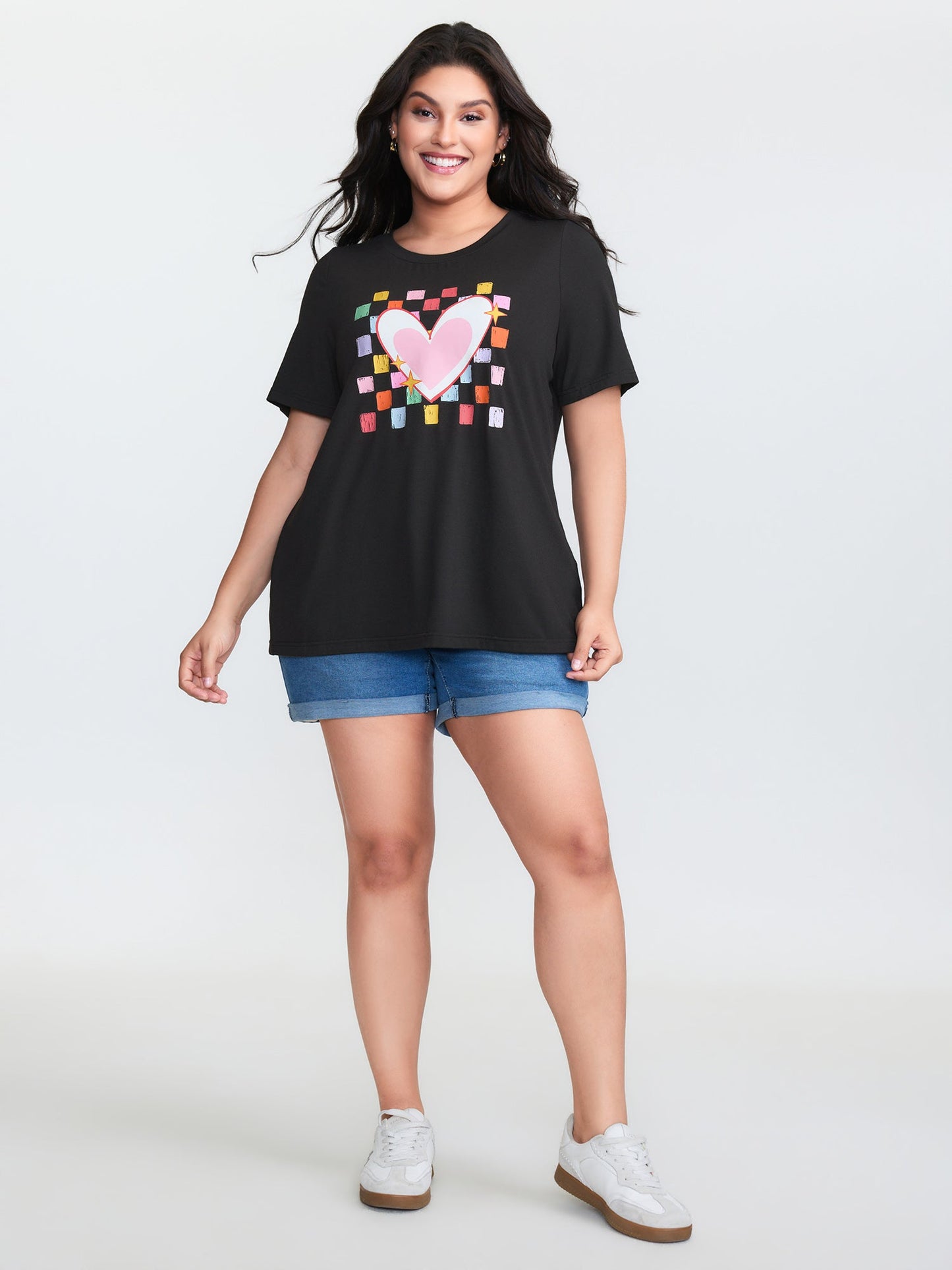 Multi-Color Heart Stretchy Round Neck T-Shirt