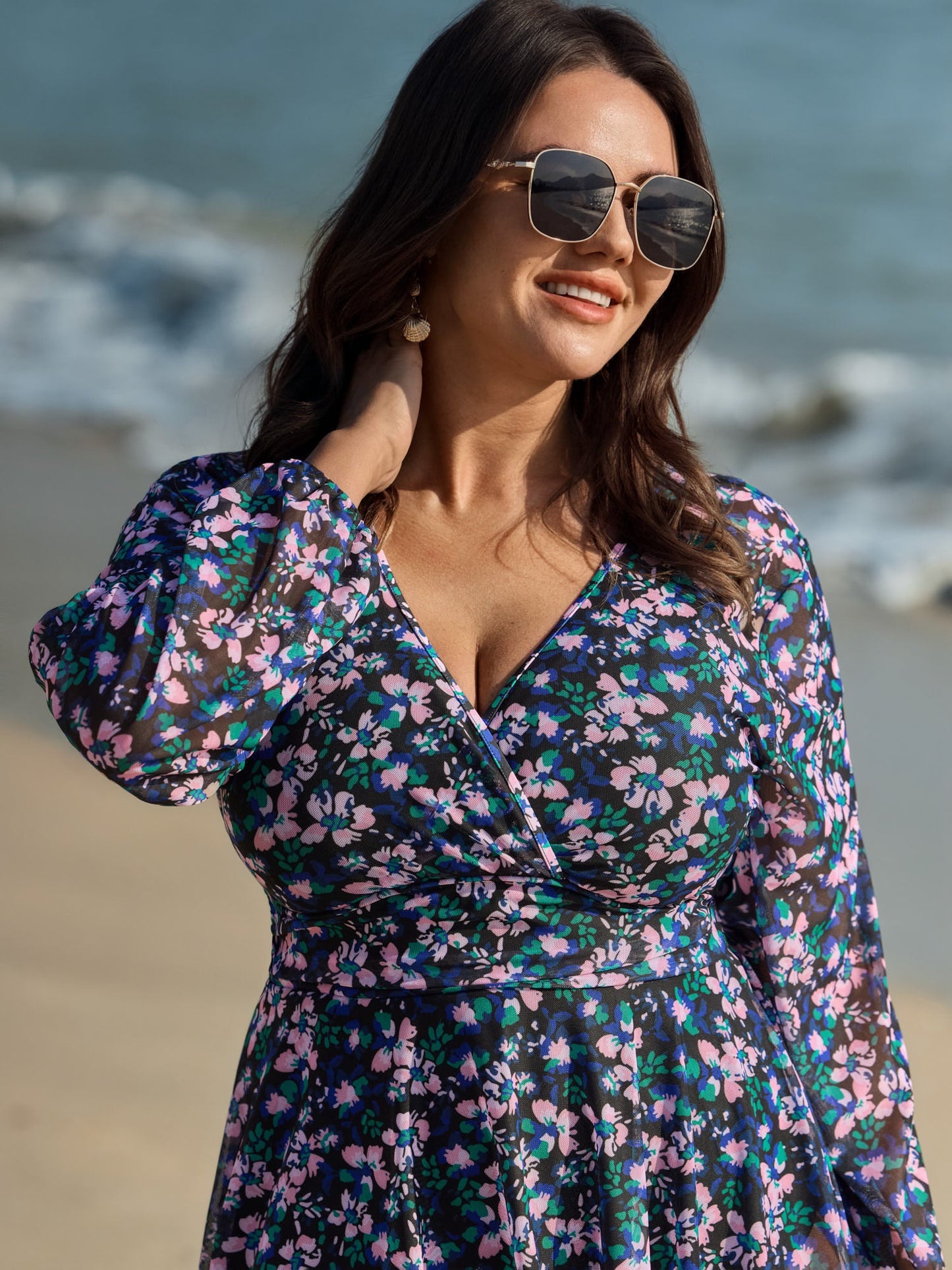 Floral Print Long Sleeve Layered Swim Dress
