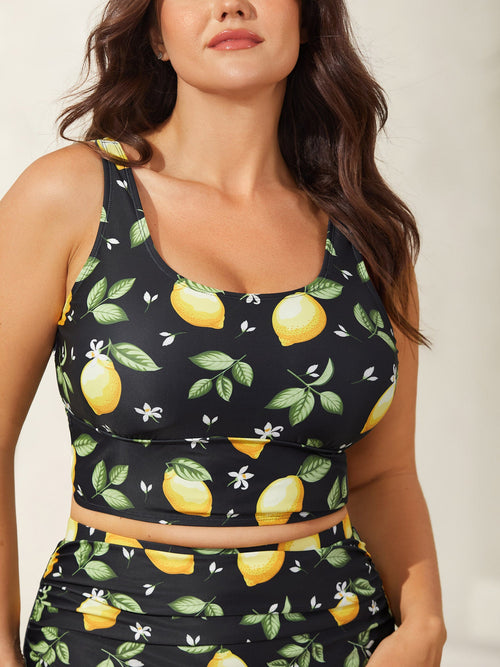 Lemon Print Scoop Neck Swim Top