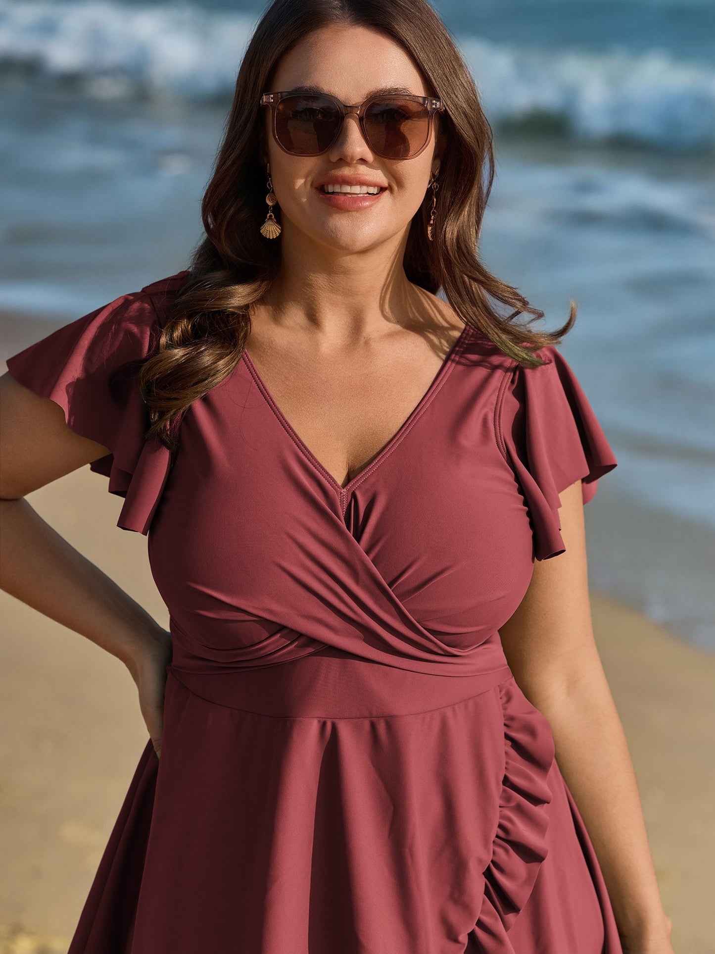 Ruffled Sleeve Curvy Hem Swim Dress