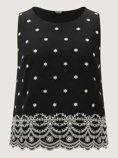 Cotton Monochrome Floral Embroidered Tank Top