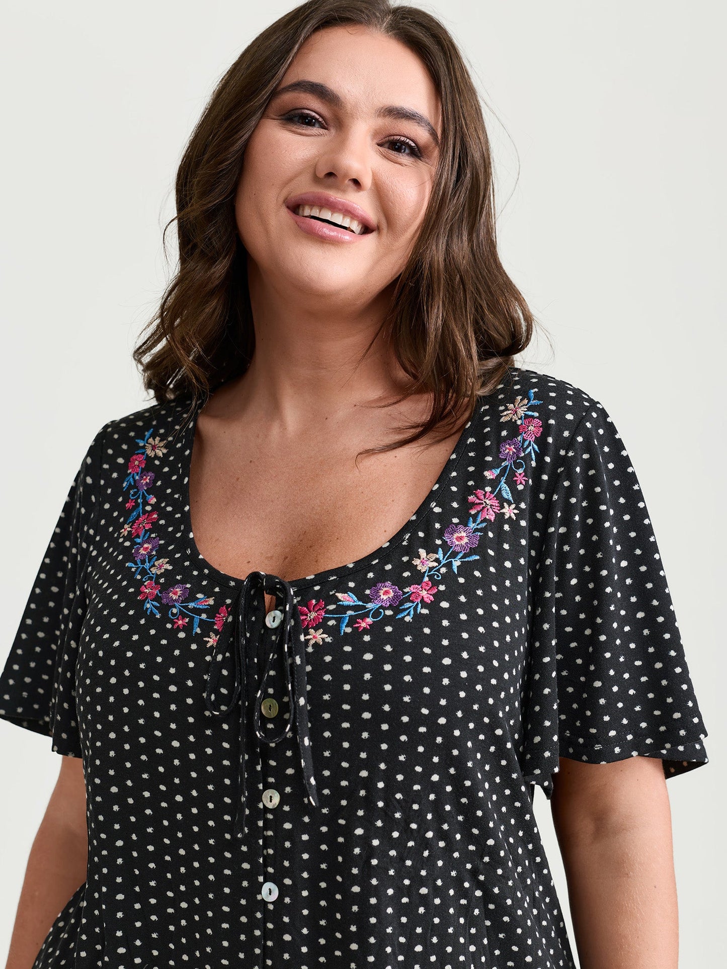 Colorful Floral Embroidered Neckline Polka Dot Top