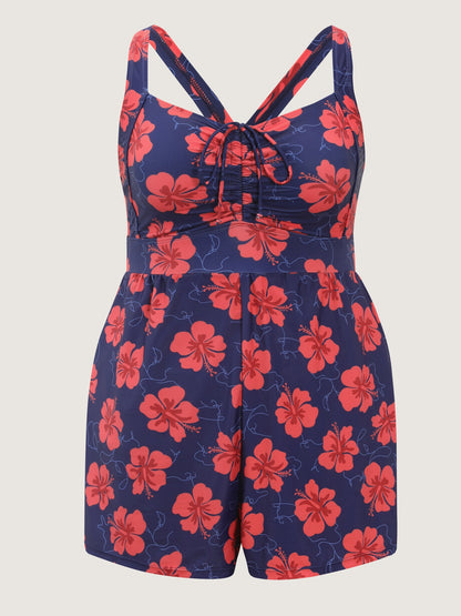 Bright Floral Print Shirred Pockets One Piece Swimsuit
