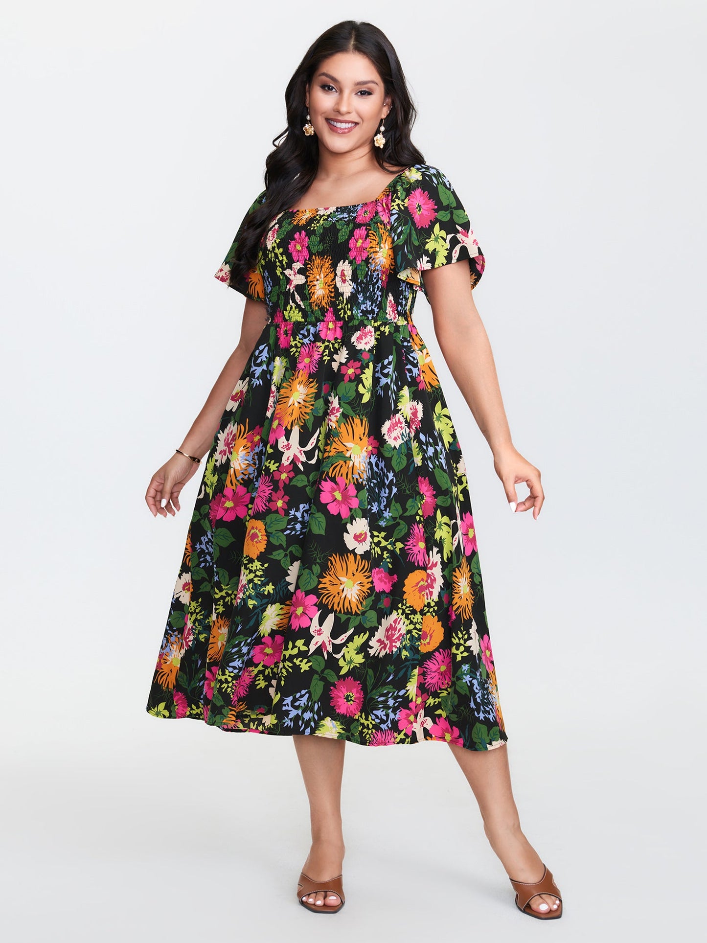 plus size Floral Shirred Square Neck Pocket Midi Dress