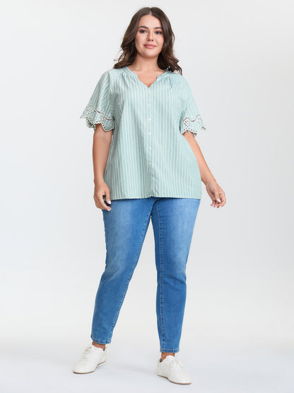Striped Cut-Out Embroidery Blouse