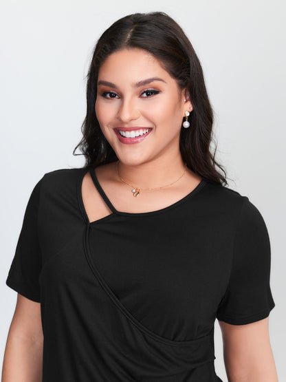 Stretchy Asymmetrical Neckline Slit Knit Top