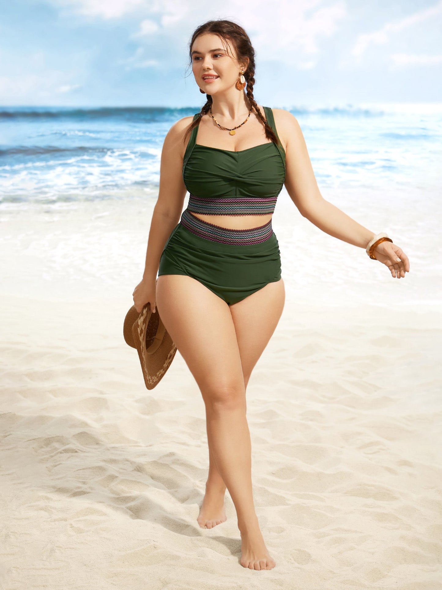 Twist Front Patchwork Woven Ribbon Swim Top