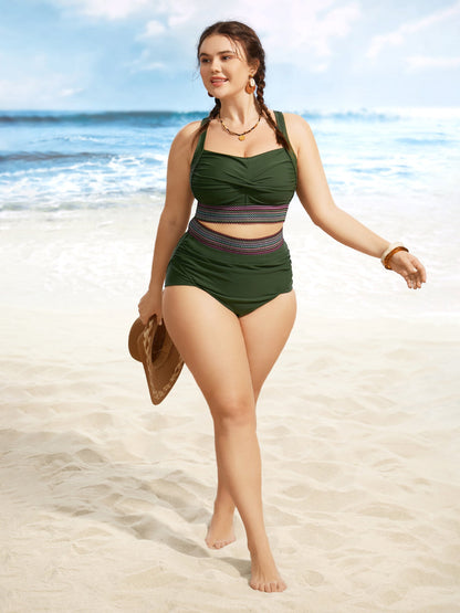 Twist Front Patchwork Woven Ribbon Swim Top