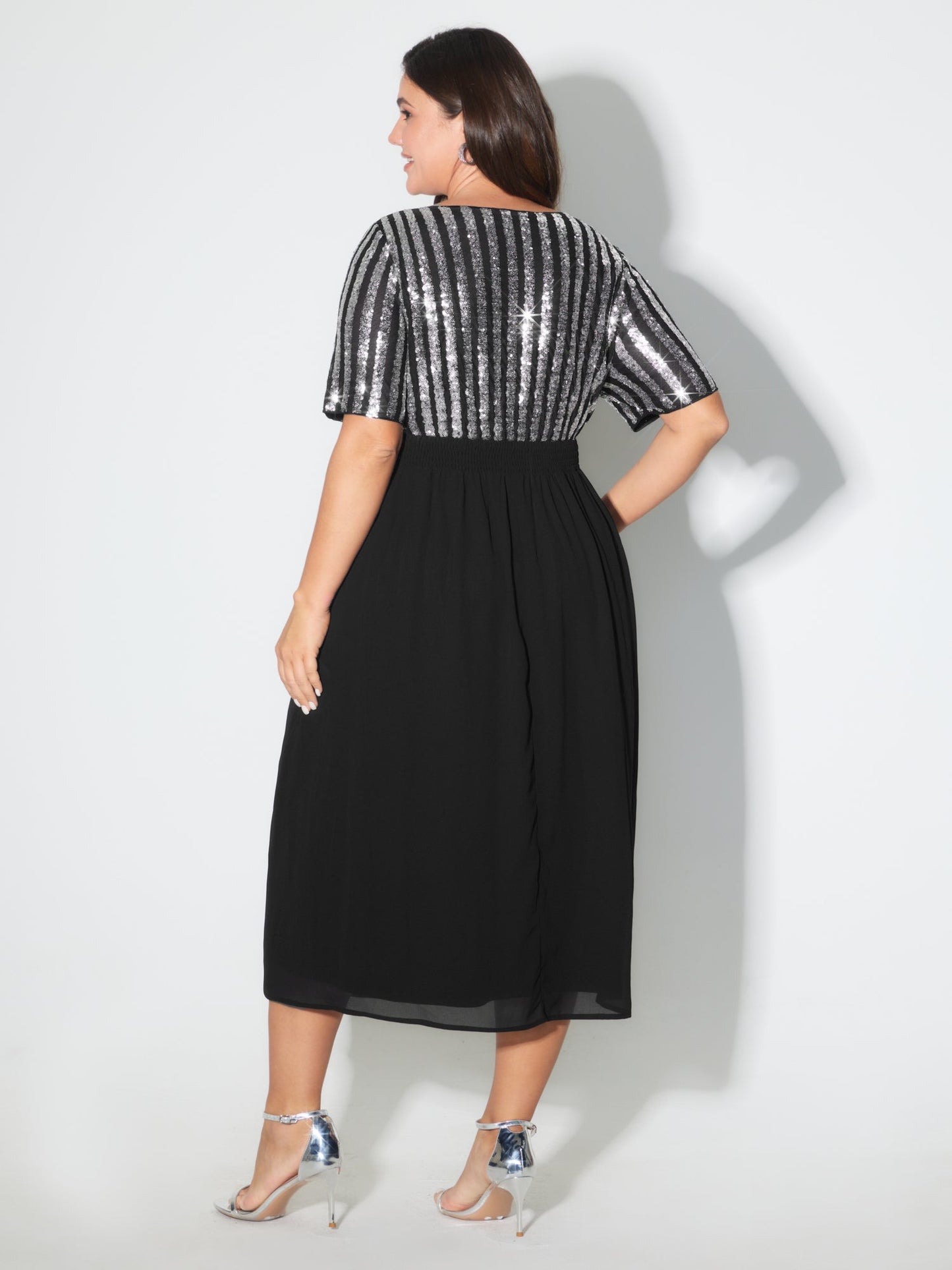 Striped Sequin V-Neck Contrast Midi Dress