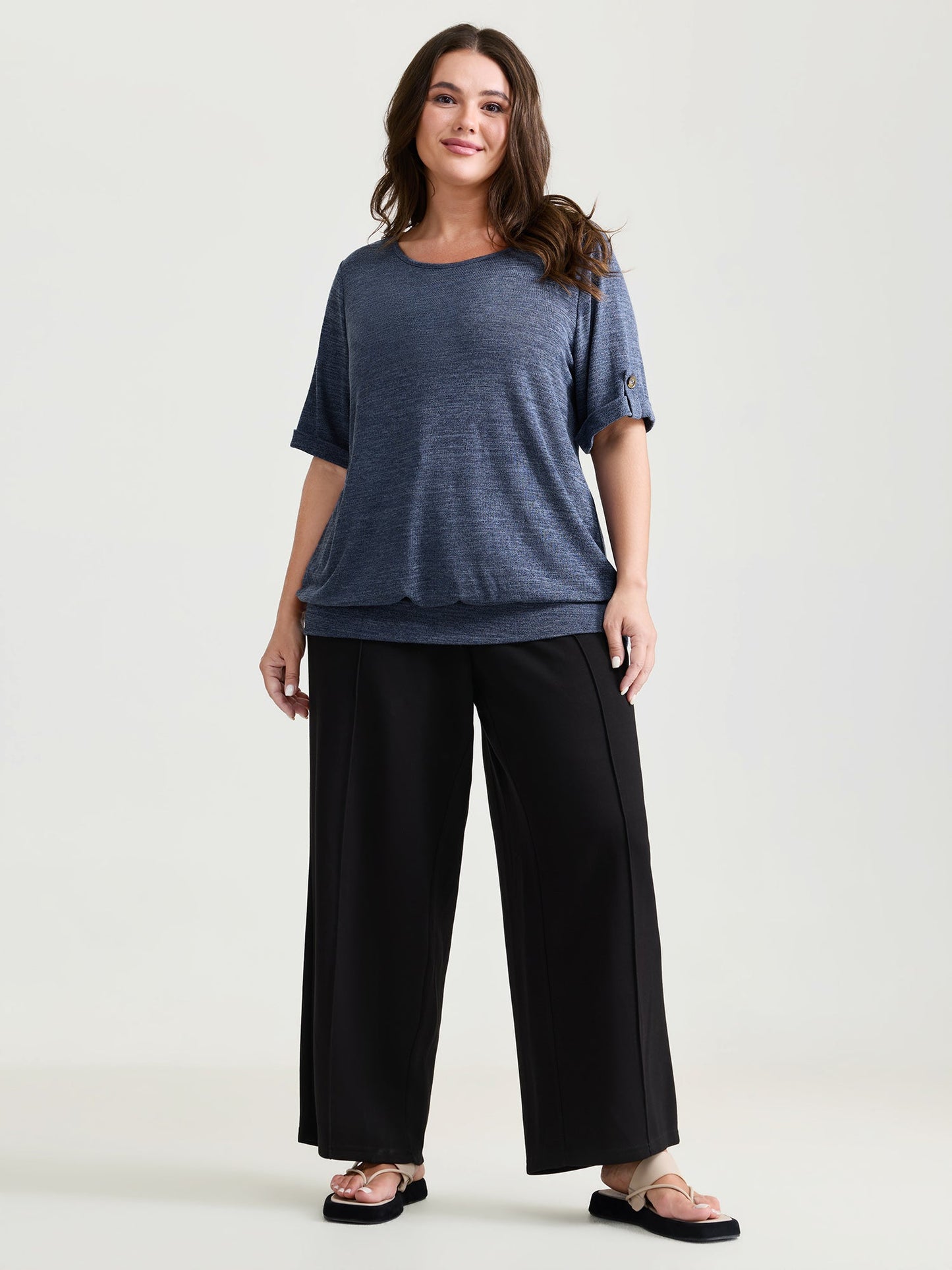 Stretchy Plain Folded Cuff Sleeve T-Shirt