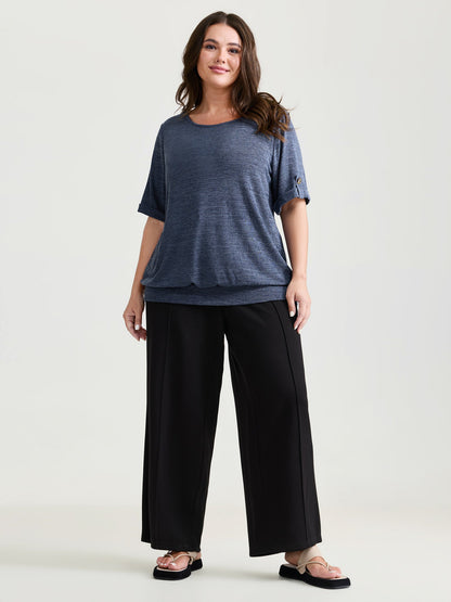 Stretchy Plain Folded Cuff Sleeve T-Shirt