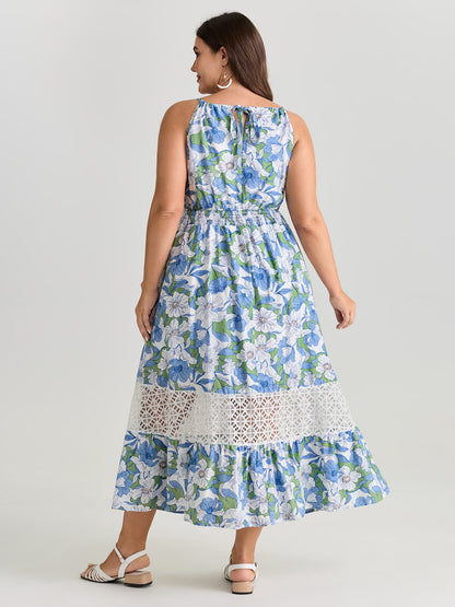 Large Floral Print Lace Trim Midi Dress