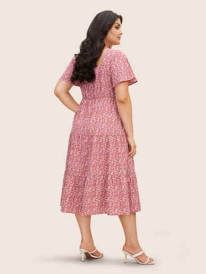 plus size Ditsy Floral Sweetheart Drawstring Pocket Tiered Dress