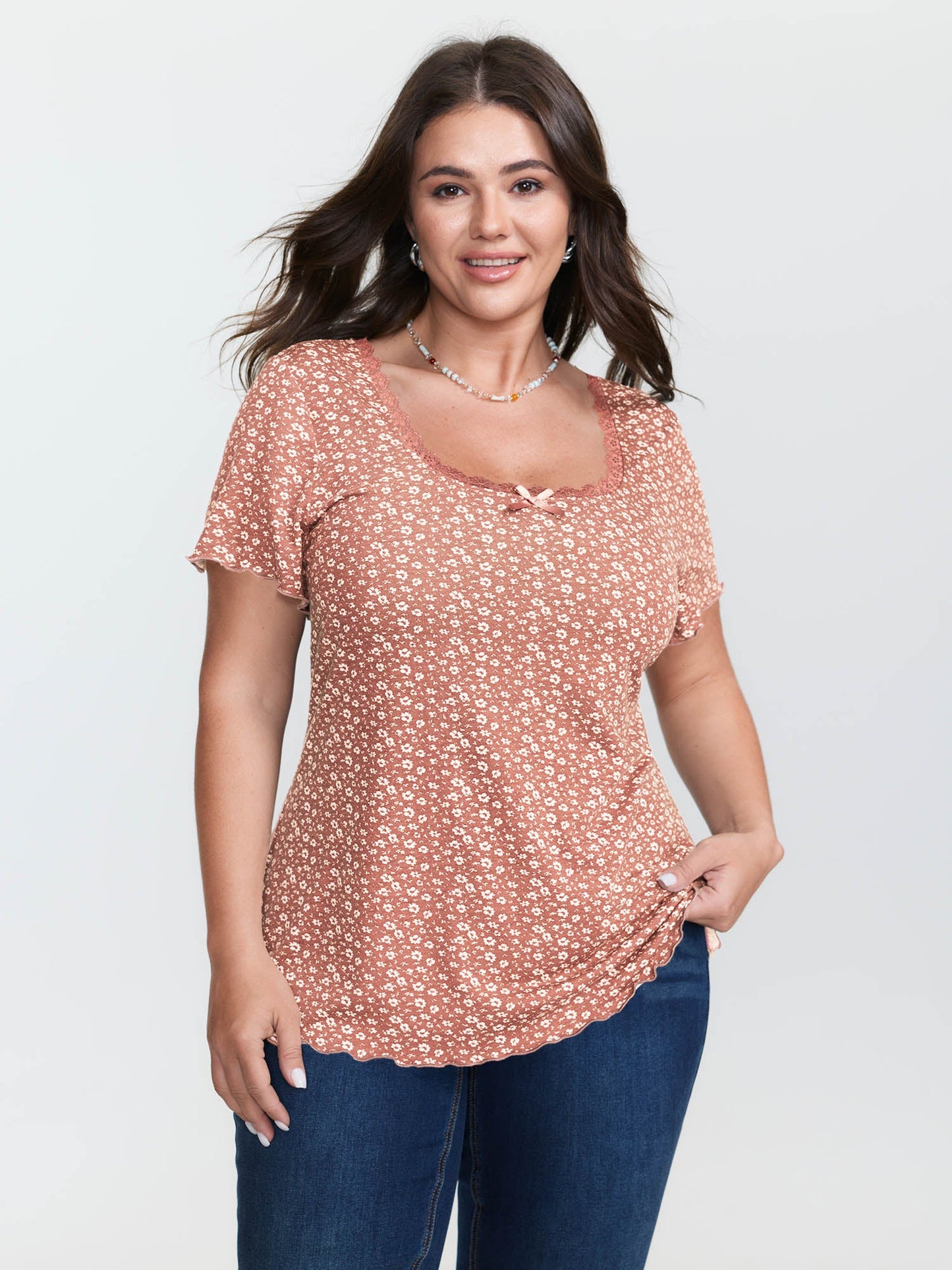 Floral Print Lace Neckline T-Shirt