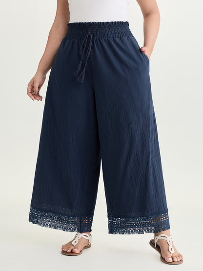 Cotton Wide Shirred Waistband Lace Hem Pants