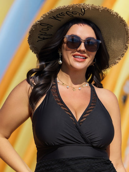 Lace Mesh Trim Adjustable Drawstring Swim Dress