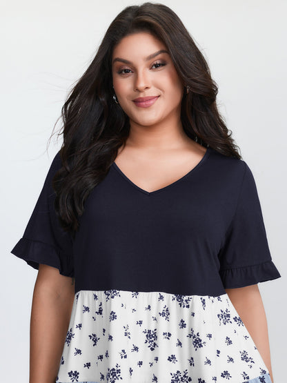 Color Contrast Floral Print Tiered Top