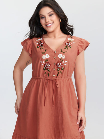 Cotton Floral Embroidery Tiered Mini Dress