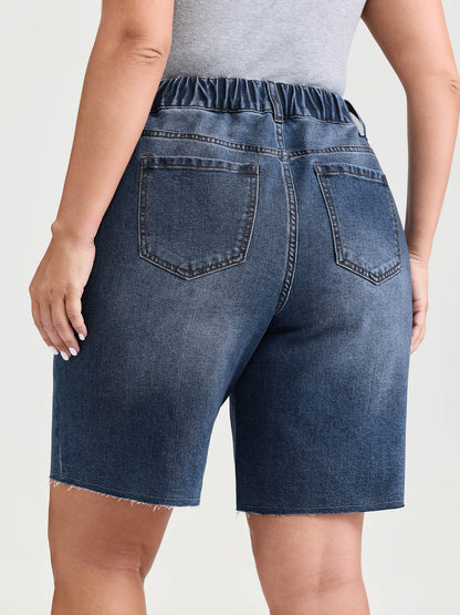 Mid-Rise Elastic Waist Skinny-Fit Denim Shorts