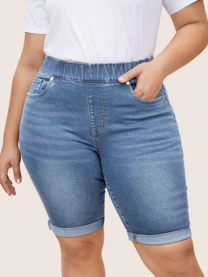 Pull-On Folded Hem Knee-Length Denim Shorts