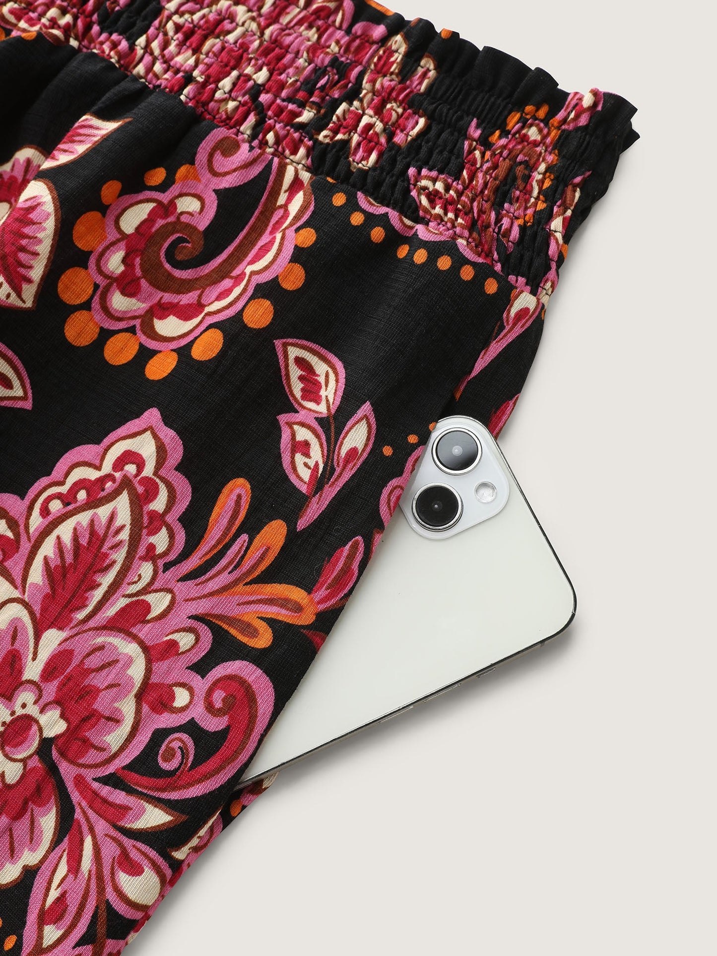 Large Floral Print Wide Shirred Waistband Pants