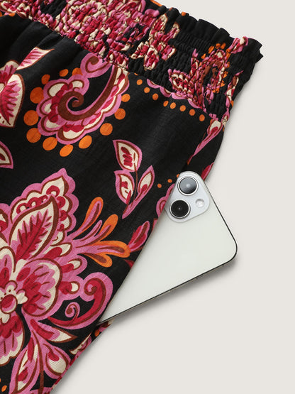 Large Floral Print Wide Shirred Waistband Pants