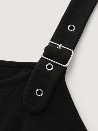 Wide Straps Belted Buckle Detail Midi Dress
