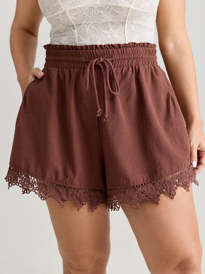Lace Trim Hem Drawstring Waist Shorts