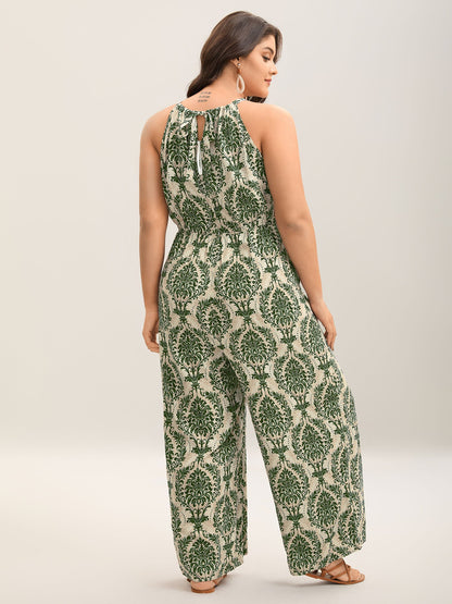 Rayon Damask Print Stretchy Waist Jumpsuit