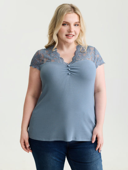 Sheer Lace Neckline Shirred Knit Top