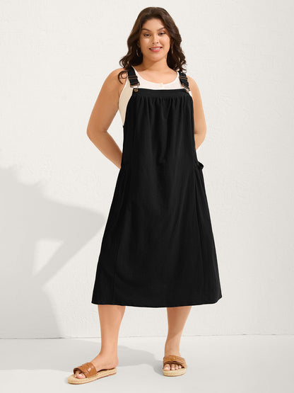 plus size Pure Cotton Pleated Pockets Midi Dress