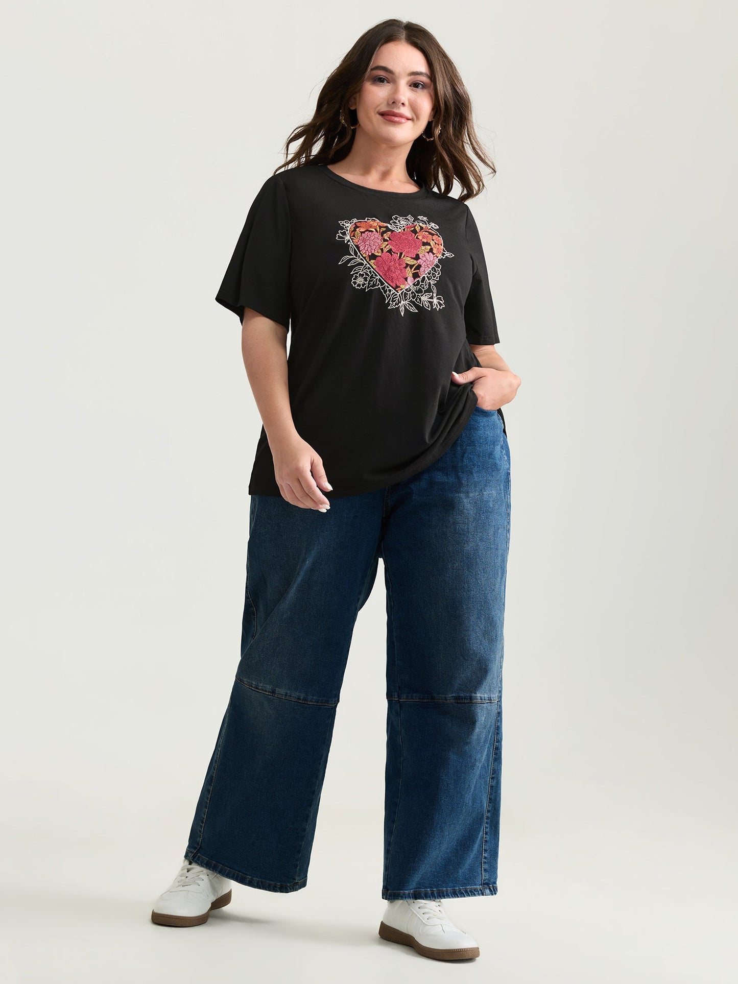 Floral Heart Plain Stretchy T-Shirt