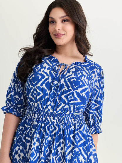 Abstract Print Drawstring Neckline Shirred Mini Dress