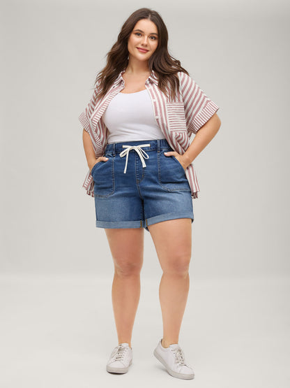 Pull-On Folded Hem High-Rise Denim Shorts