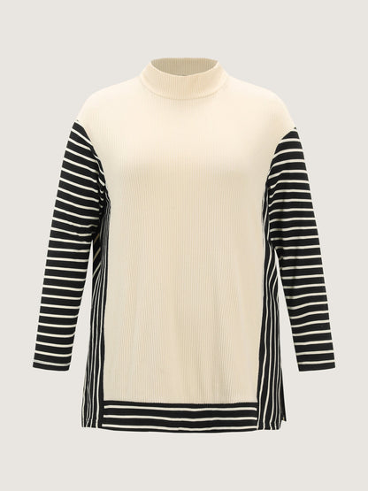 Striped Color Contrast Mockneck T-Shirt