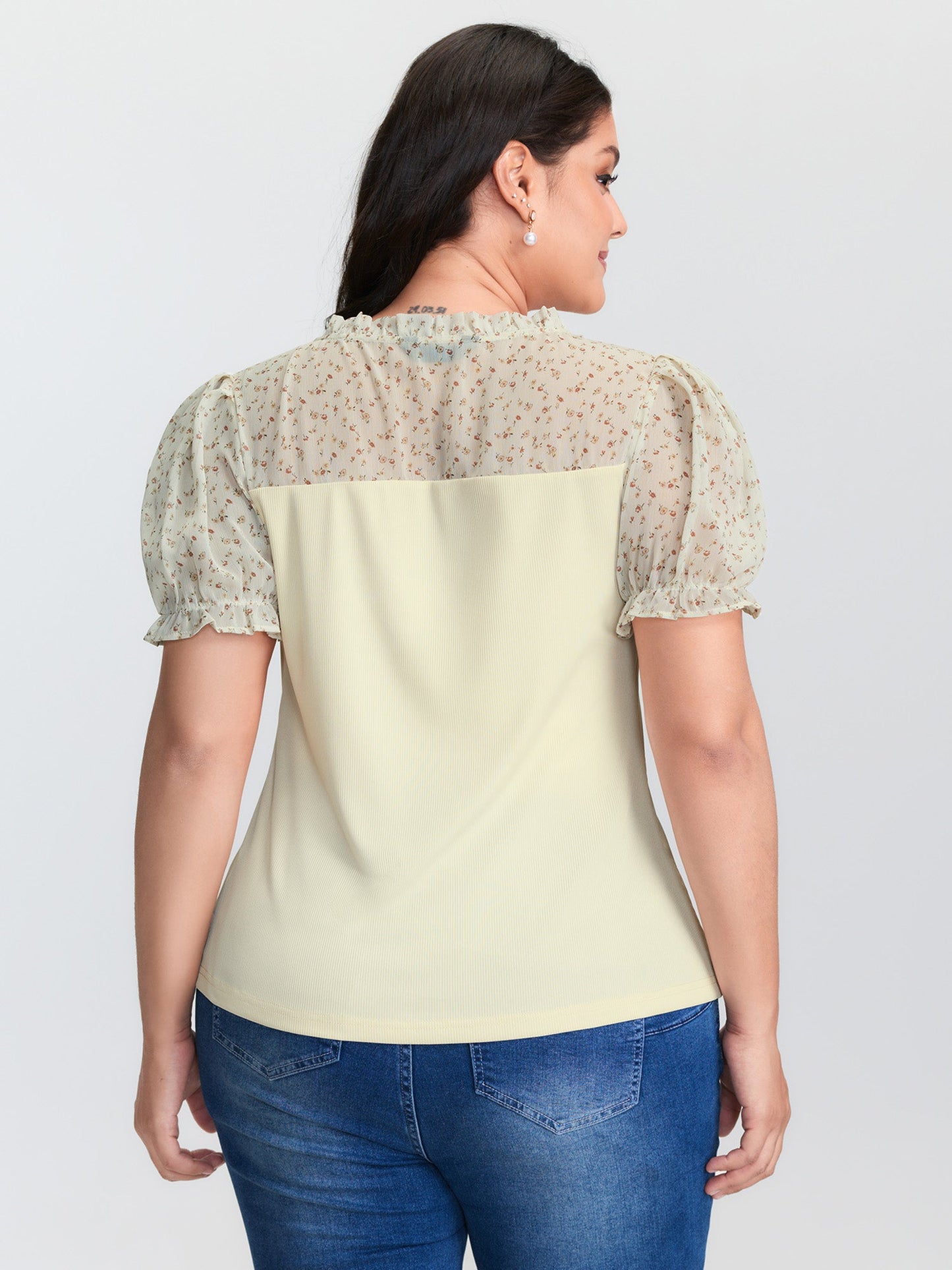 Stretchy Sheer Drawstring Neckline Top