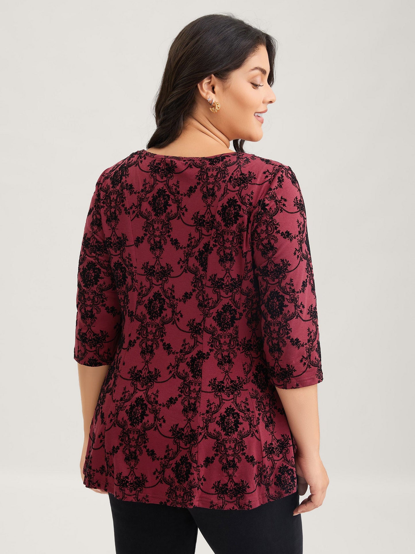 Boho Print Flocking Knit Slim-Fit Top