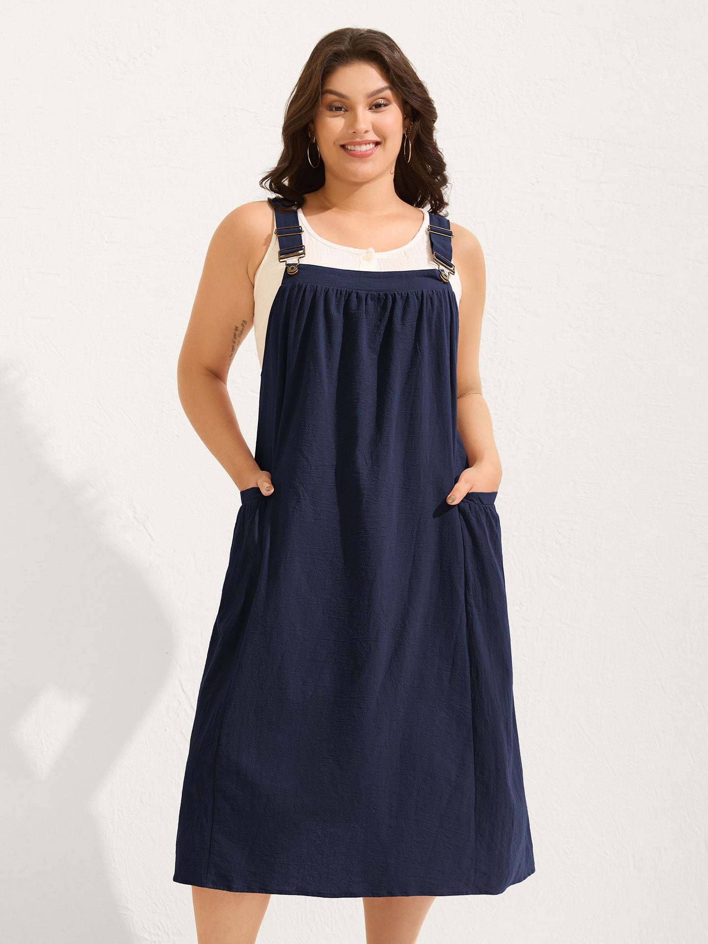 plus size Pure Cotton Pleated Pockets Midi Dress