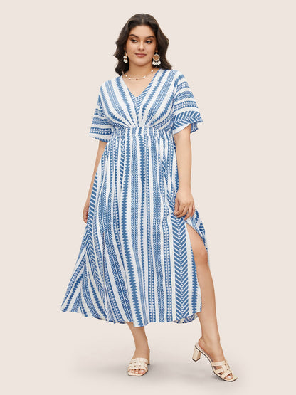 plus size Solid Geometric Dolman Sleeve Pocket Shirred Split Hem Dress