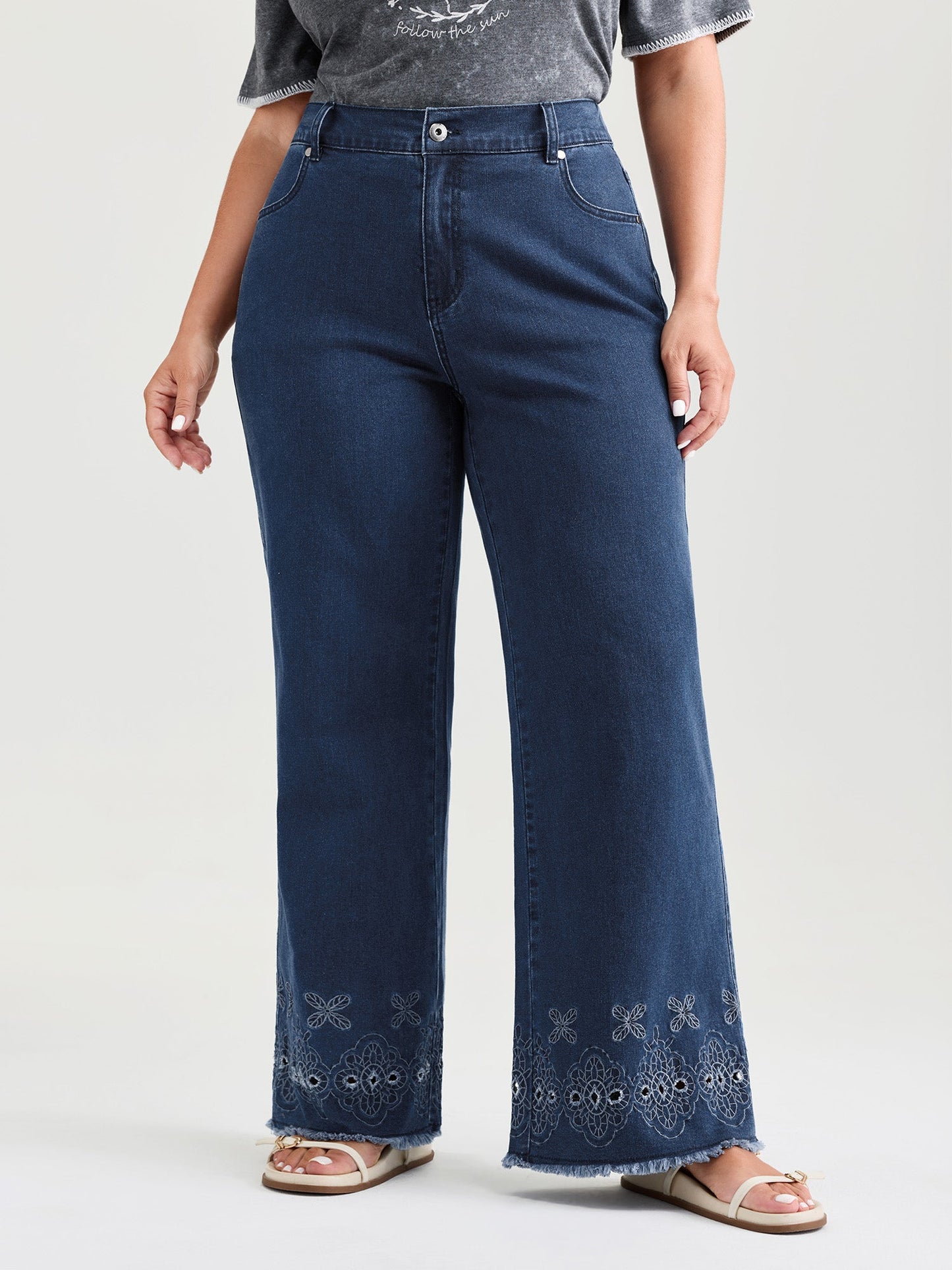 High-Rise Stretchy Embroidered Hem Jeans