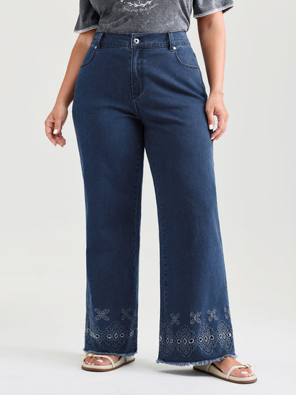 High-Rise Stretchy Embroidered Hem Jeans