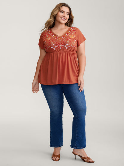 Color Floral Embroidery Lace Knit Top