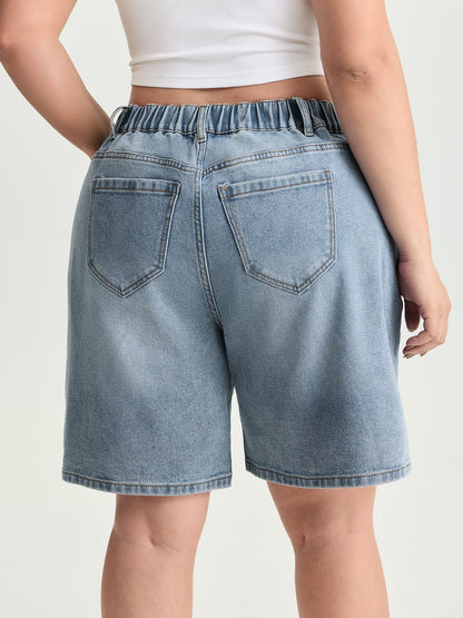Stretchy Waist Faded Denim Shorts