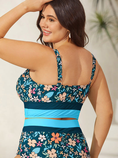 Floral Print Color Contrast Swim Top