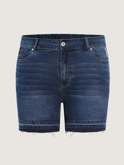 Stretchy Waist Ripped Hem Denim Shorts