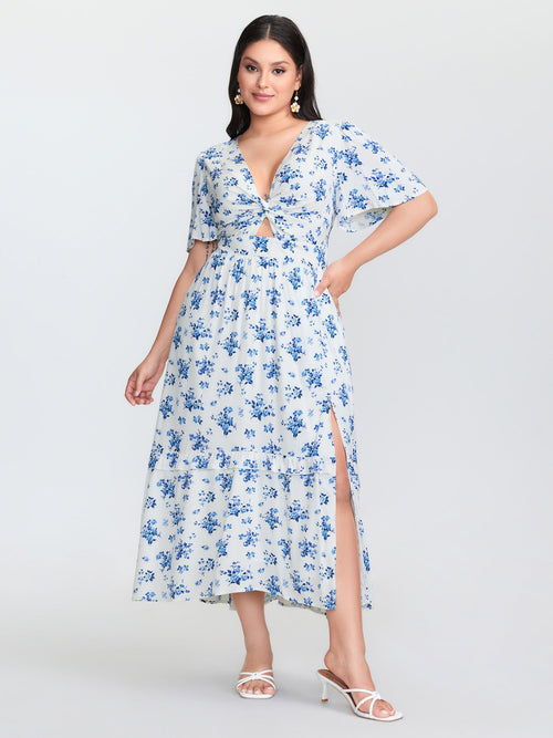 Floral Print Cut-Out Twisted Midi Dress