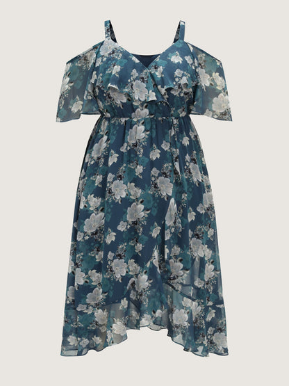 Floral Print Cold-Shoulder Midi Dress